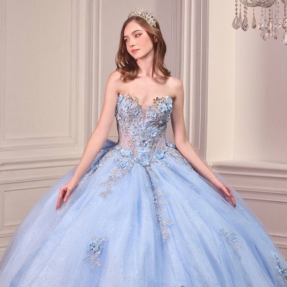 New LT Blue Beaded Ceremonial Quinceanera Dress w/ Oversized Back Bow 15726